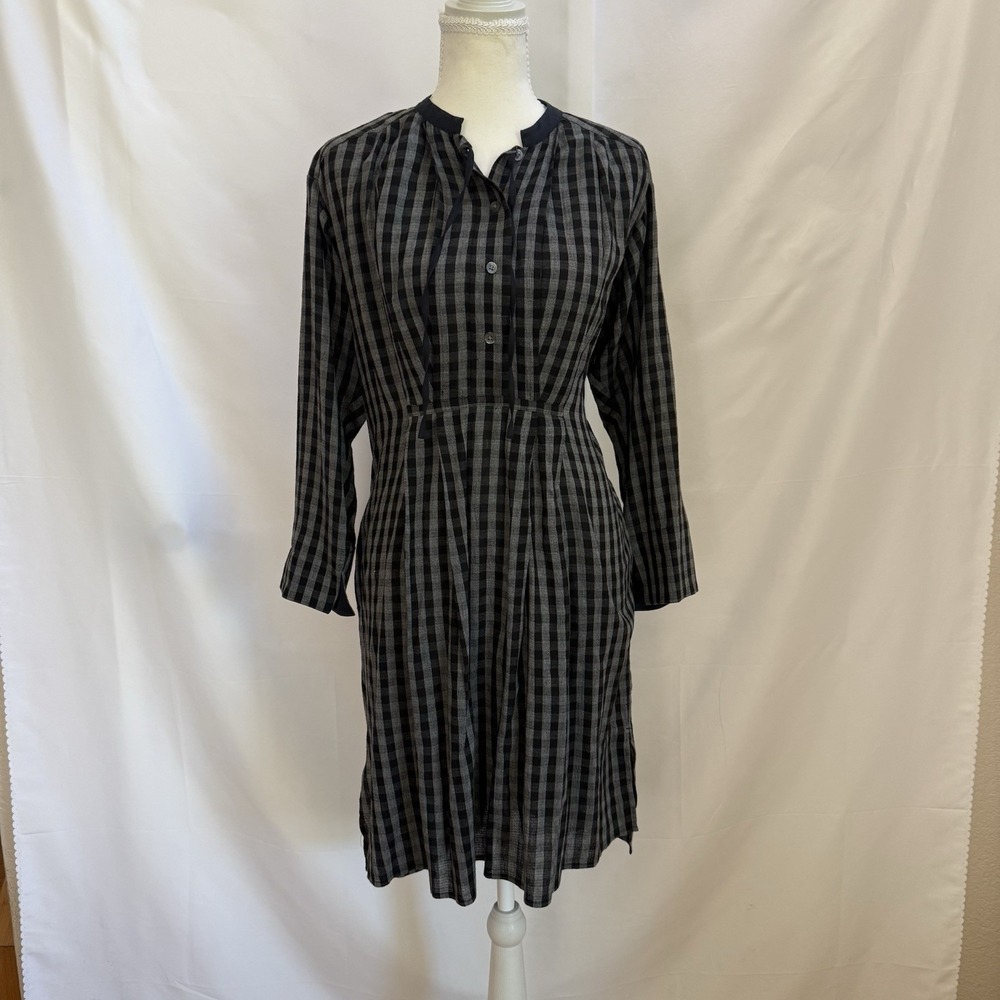 James Perse Gingham Shirt Dress Gray Black Button Front Pocket Wool Blend‎ Small